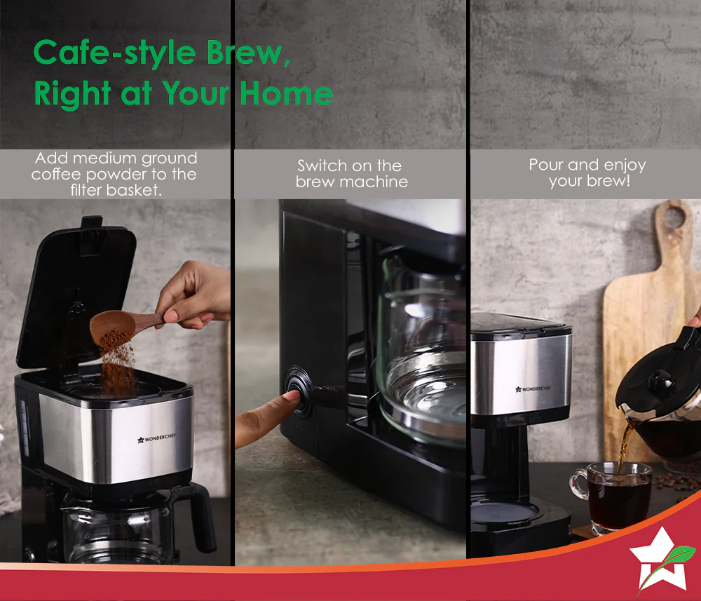 Regalia Pronto Coffee Maker 600W | Coffee Brewer Machine for Home & Office | 750ml Borosilicate Glass Carafe | 3-in-1 Filter Coffee, Espresso, Cappuccino | Auto Shut Off | 6 Cups Coffee | Perfect Gifting Option | Black & Silver| 2 Year Warranty - Image 3